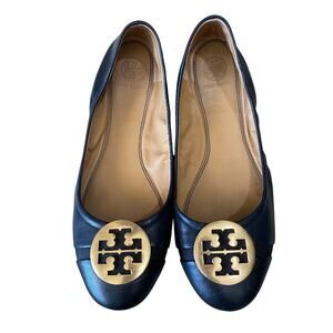 TORY BURCH Minnie Ballet Flats Black Leather 8M Gold Logo Cap Toe